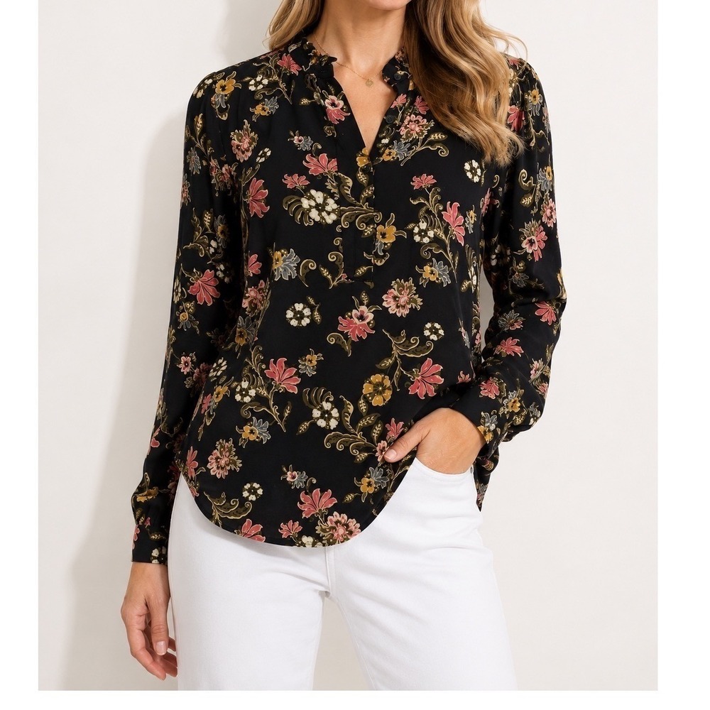 LOFT Blouse Womens M Floral Ruffle Collar Long Sleeve Top Work Fall Feminine